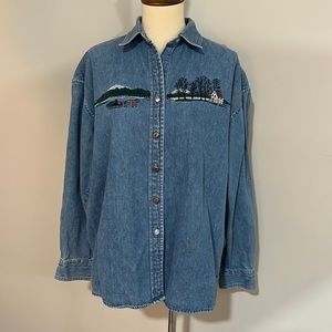 Vintage long sleeve button down embroidered denim top women’s sz M, as is